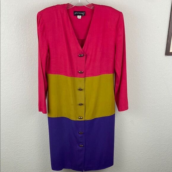 Vintage Jackie Bernard Pink, Yellow, and Purple Colorblock Dress size 4 - Picture 1 of 10